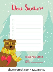 Cartoon Christmas wish list with christmas trees and bear.
A letter to Santa Claus template.
Christmas background with a place for Christmas gifts for Santa wish list.
Vector illustration gift design.