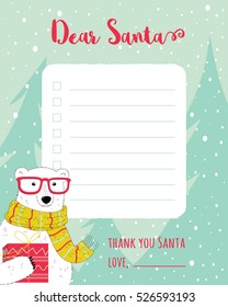 Cartoon Christmas wish list with trees, bear and gift box.
A letter to Santa Claus template.
A place for gifts. Vector illustration.