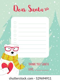 Cartoon Christmas Wish List With Trees, Bear And A Heart.
A Letter To Santa Claus Template.
A Place For Gifts. Vector Illustration.