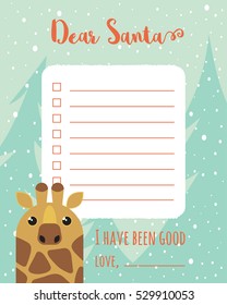 Cartoon Christmas wish list with trees and giraffe.
A letter to Santa Claus template.
A place for gifts. Vector illustration.