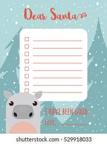 Cartoon Christmas wish list with trees and hippo.
A letter to Santa Claus template.
A place for gifts. Vector illustration.