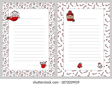 Cartoon Christmas wish lists with cute funny pattern in doodle style. A letter to Santa Claus template. Vector illustration. Vertical orientation. 