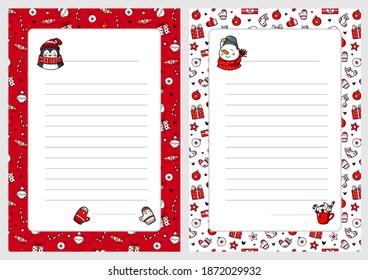 Cartoon Christmas wish lists with cute funny pattern in doodle style. A letter to Santa Claus template. Vector illustration. Vertical orientation. 