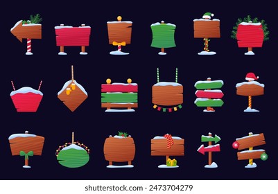 Cartoon christmas wooden signs. Sign boards and direction arrows. North pole elements, wood billboards and banners, nowaday vector collection