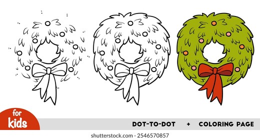 Cartoon Christmas wreath, education dot to dot game for children. Winter activity worksheet