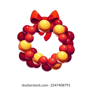 Cartoon Christmas wreath made of red and yellow balls, topped with a festive red bow. Isolated vector vibrant decor and ornament embodies holiday cheer and seasonal mood for merry Xmas celebration