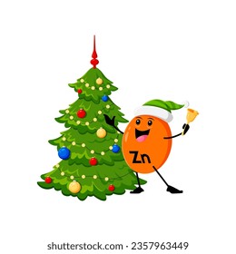 Cartoon Christmas Zn micronutrient character dons a festive hat, ringing the bell at decorate tree. Isolated vector Zinc capsule personage cheerfully knolling, greeting with Xmas and New Year holidays