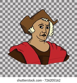 Cartoon of Christopher Columbus. Columbus day. Hand drawn vector stock illustration. Transparent background