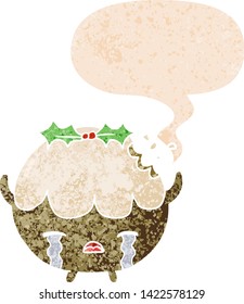 cartoon chrstmas pudding with speech bubble in grunge distressed retro textured style