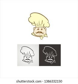 Cartoon of chubby chef with mustache hat and 