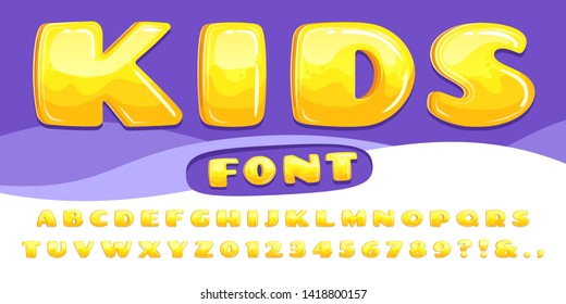 Cartoon chubby font. Kids game alphabet, child cartoons bubble lettering and cartoony fonts numbers vector illustration set