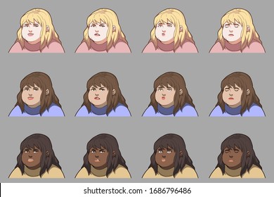 Cartoon chubby girls expression portraits isolated. Vector illustration set of color women emotions: happy, angry, surprised and sad