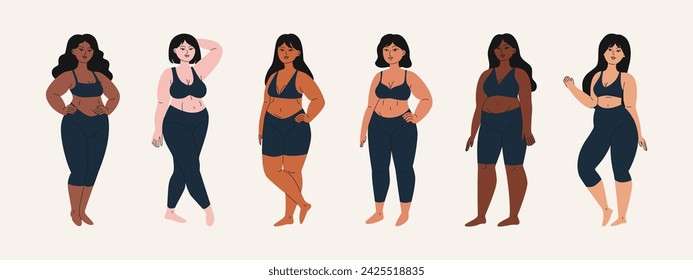 Cartoon chubby women in sportswear. Curvy female characters, overweight and pregnant ladies in leggins, body positive concept. Vector diverse body shapes set