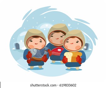 Cartoon chukchi with food and yurt behind. Chukchi clothes human and alaska chukchi native northern people. Funny nationality traditional eskimo character.