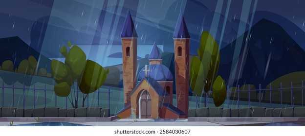 Cartoon church building in rainy night atmosphere with towers and fence. Medieval cathedral surrounded by green trees under stormy sky. Landscape with gothic architecture and moody precipitation.