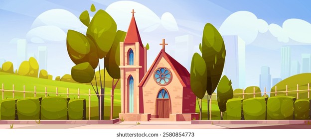 Cartoon church building with red roof and tower on green meadow. Catholic chapel with stained glass window, wooden door, stone steps, surrounded by trees and fence on city buildings background.