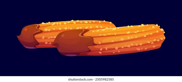 Churros de dibujos animados de confitería y pastelería dulce. Vector popular español y Latina postre americano hecho de masa frita y recubierto de canela, sumergido en salsa de chocolate. Delicioso y crujiente