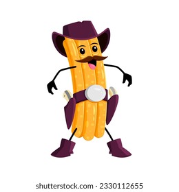 Cartoon churros cowboy and sheriff, bandit and robber, ranger tex mex mexican food character. Isolated vector whimsical western stockrider exudes charm with a wide-brimmed wild west hat and ammunition