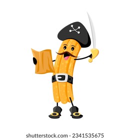 Cartoon churros pirate and corsair tex mex mexican food character. Isolated vector whimsical pastry personage wear a tricotn hat, wielding a cutlass, and clutching a treasure map, ready for adventure