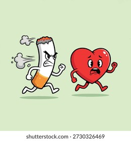 A cartoon cigarette with an angry face is chasing a scared heart. This illustration represents the dangers of smoking to heart health.
