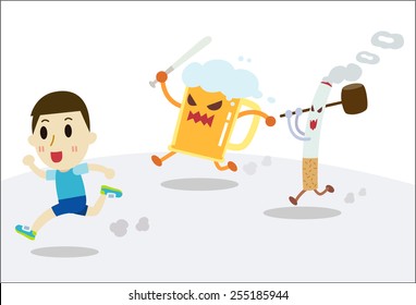 A cartoon cigarette and cartoon beer chase a man running.