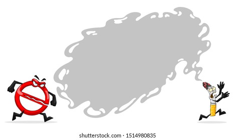 Cartoon cigarette with different emotions, smoking is harmful to health, cigarette with cloud smoke for text vector illustration. Lit cigarette with smoke, ban on smoking. Cigarette with eyes .