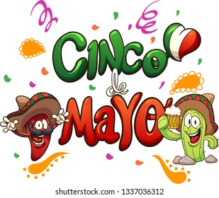 Cartoon cinco de Mayo text clip art. Vector illustration with simple gradients. Some elements on separate layers. 
