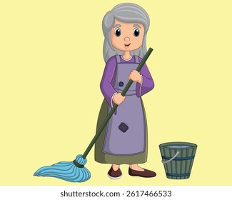 Cartoon cinderella with bucket and mop vector illustration