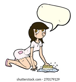 cartoon cinderella scrubbing floors with speech bubble