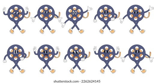 Cartoon cine film. film making accessorie character with cute cheerful emotions, hands and legs. Vector cinematography person set.