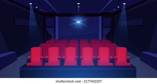 Cartoon cinema auditorium. Movie theater dark room with red seats and cinema projector glowing, scene background with concert hall interior. Vector illustration of movie theater cinema