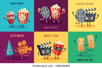 Cartoon cinema characters. Funny popcorn, cinema tickets and 3D movie glasses friends mascots. Cinematograph entertainment reel, popcorn and camera mascot poster vector illustration set