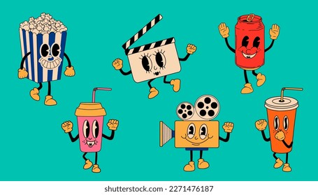 Cartoon cinema characters. Funny popcorn,  Soda can, video camera, clapperboard. Cinematograph entertainment  mascot poster vector illustration set