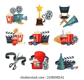 Concepto de cine de dibujos animados, carrete y cámara, palomitas de maíz y bebida. Ilustración de películas de cine vectorial, cámara de vídeo de películas aislada