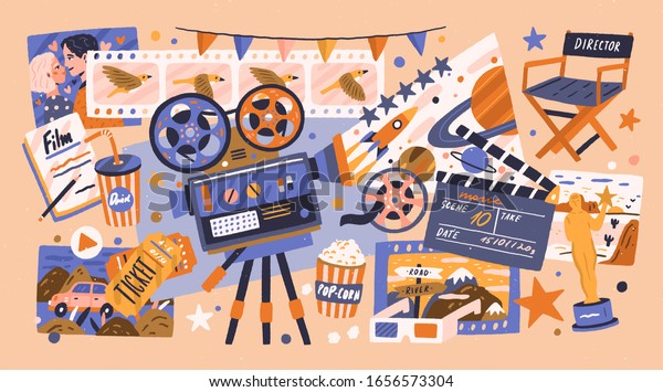 Cartoon\
cinema design concept with different elements of cinematography.\
Hand drawn equipment, decoration and viewers accessories isolated\
vector illustration. Tools for production\
video