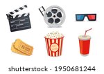 Cartoon cinema elements. Movie theater popcorn, filming cinema clapperboard. 3d glass, drink and movies premiere ticket cinematography vector illustration set eps 10