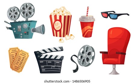 Cartoon cinema elements. Movie theater popcorn, filming cinema clapperboard and retro film camera. Cinema chair, 3d glass, drink and movies premiere ticket cinematography vector illustration set