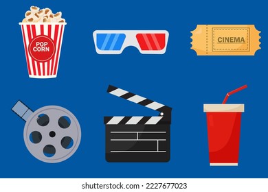 Cartoon cinema elements. Movie theater popcorn, filming cinema