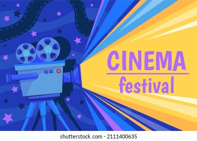 Cartoon cinema poster. Movie festival film presentation, retro video camera or media projector, cinematography promotion, entertainment banner design neat vector. Illustration of poster movie cinema