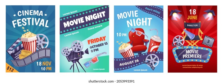 Cartoon cinema poster template, film festival invitation. Movie night event posters with popcorn, soda, camera, movie premiere flyer vector set. Cinematography equipment for industry