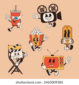 Cartoon cinema set, figure, reminiscent of classic animations from the 60s and 70s, featuring amusing characters.	