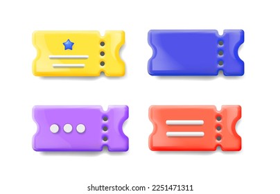 Cartoon Cinema Tickets 3d set. Theatre, show, festival or travel ticket coupon Vector i