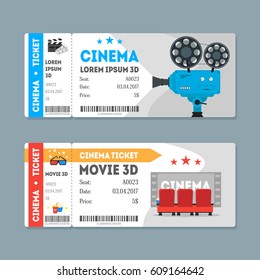 Cartoon Cinema Tickets Big Set Flat Design Style Movie Admit. Vector Illustration