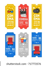 Cartoon Cinema Tickets Small Vertical Set Flat Design Style Leisure Industry. Vector illustration