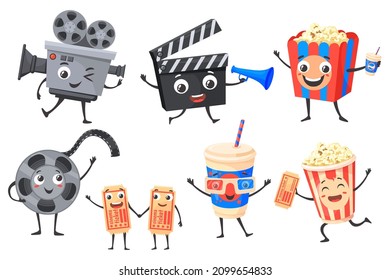 Cartoon cinematography characters. Cartoon cinema icon, funny cute movie, popcorn 3d glasses video camera clapperboard, ticket comedy theater, vector illustration. Movie video and cinema popcorn