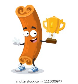 cartoon cinnamon mascot holds the number one cup on white background