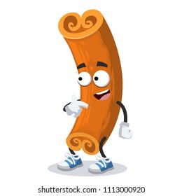 cartoon cinnamon mascot showing himself on a white background