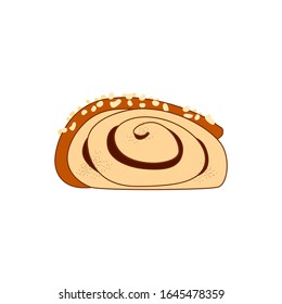 Cartoon cinnamon roll or cinnamon bun inside view isolated on white background. Traditional Finnish cinnamon roll, korvapuusti, slapped ears. Great for icon, card, symbol, invitation.