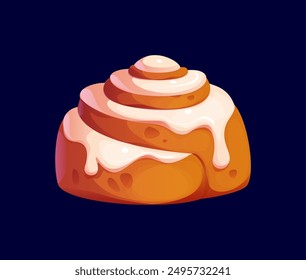 Cartoon cinnamon roll confectionery and sweet pastry made from a yeast-leavened dough, rolled up with a cinnamon-sugar filling, dripping over its golden brown spirals. Vector warm, gooey dessert treat