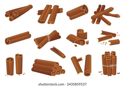 Palitos de canela de dibujos animados. Especias aisladas, corteza de canela y elementos orgánicos. Dulces especias de cocina para panadería, postres o café, juego de vector neotérico